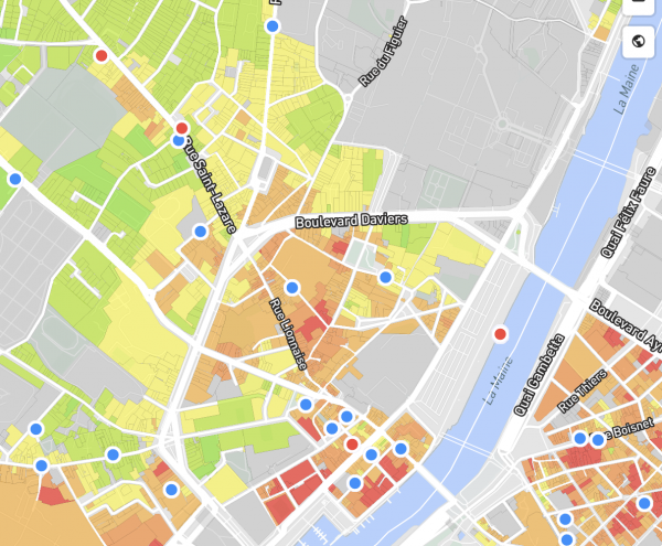 carte d'Angers avec des points représentant des maisons vendues